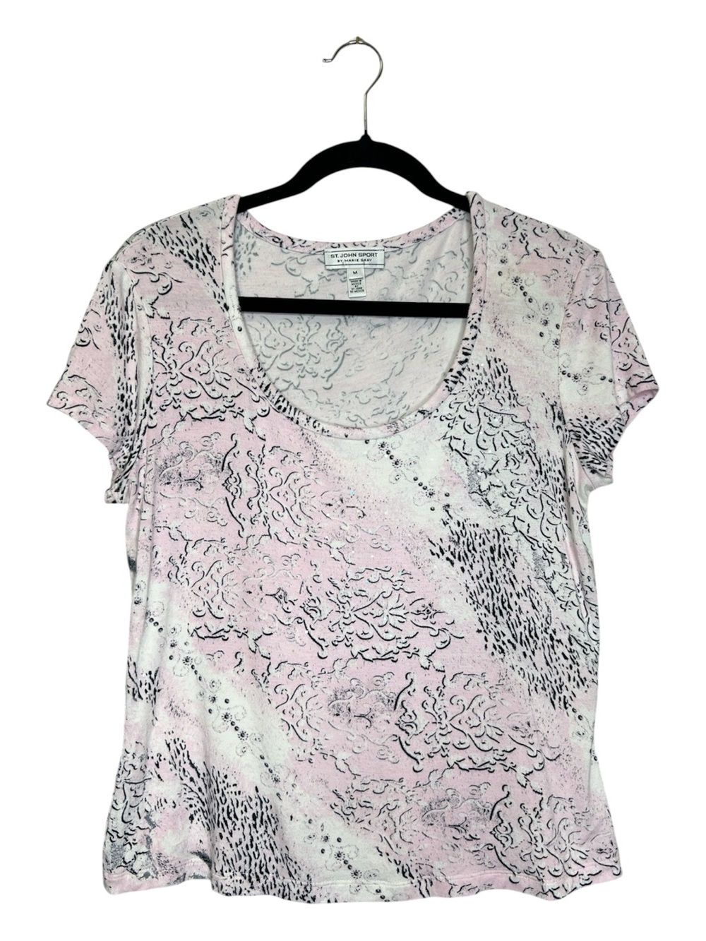ST JOHN Sport Pink and White Patterned Sparkle Scoop Neck Tee size Medium